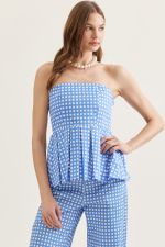 Blue Checkered Strapless Peplum Top