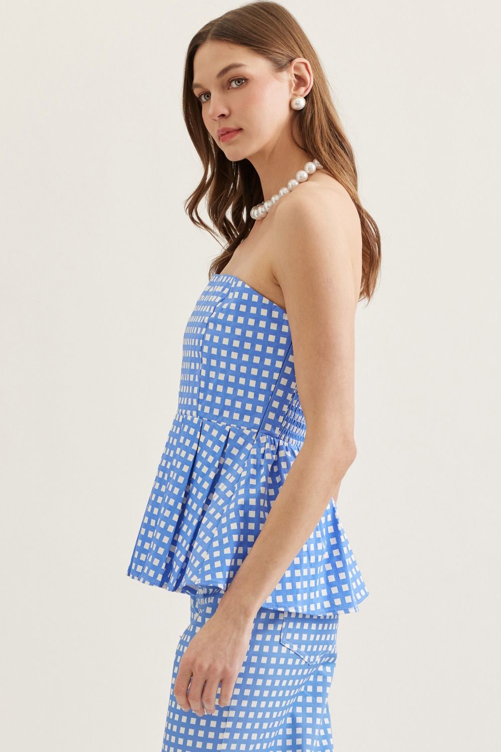 Blue Checkered Strapless Peplum Top