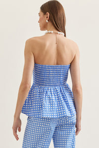 Blue Checkered Strapless Peplum Top