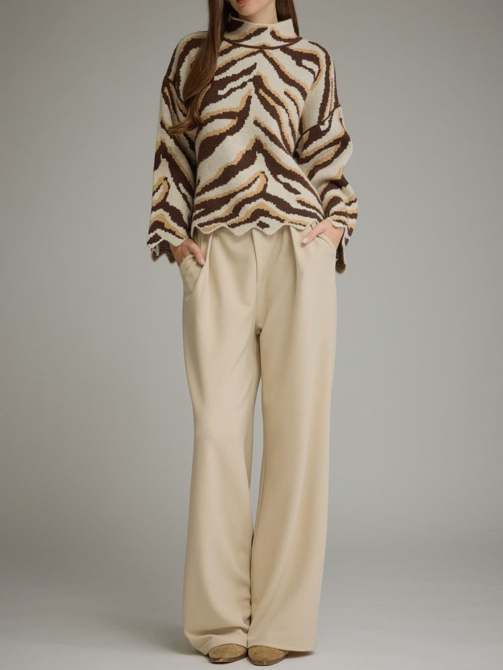 Ivory Brown Zebra Print Mock Neck Sweater