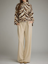 Ivory Brown Zebra Print Mock Neck Sweater