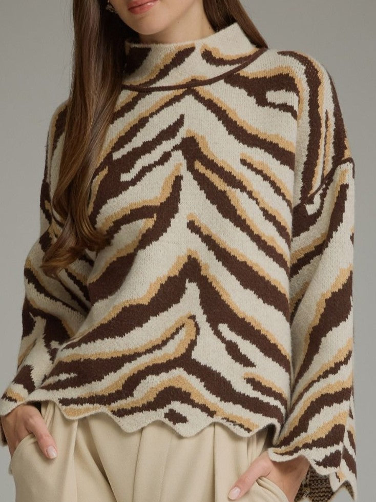 Ivory Brown Zebra Print Mock Neck Sweater