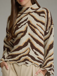 Ivory Brown Zebra Print Mock Neck Sweater