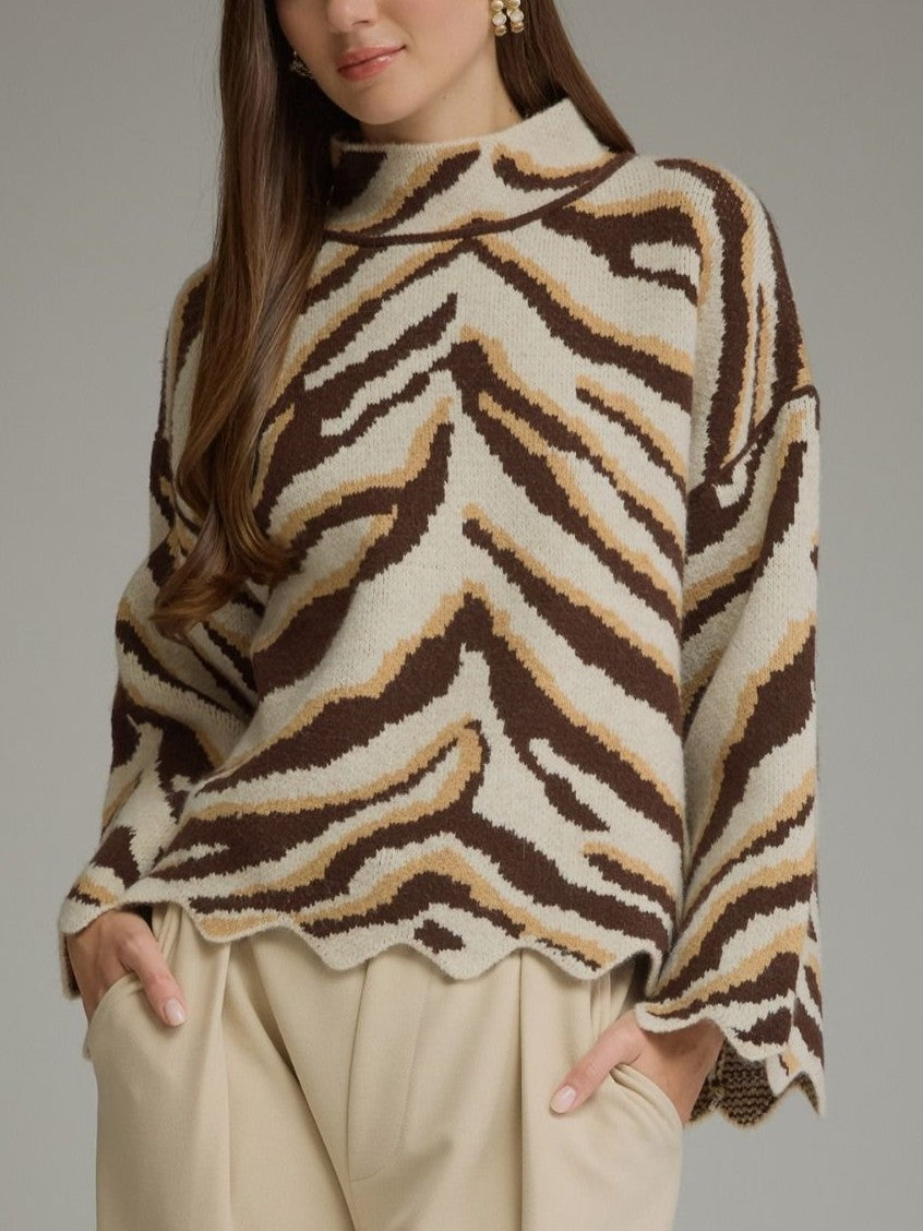 Ivory Brown Zebra Print Mock Neck Sweater