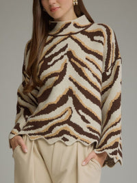 Ivory Brown Zebra Print Mock Neck Sweater