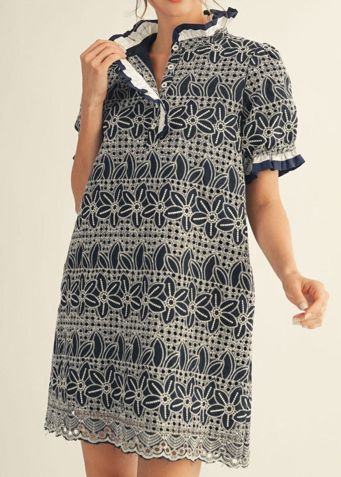 Ruffle Accent Eyelet Lace Shift Dress