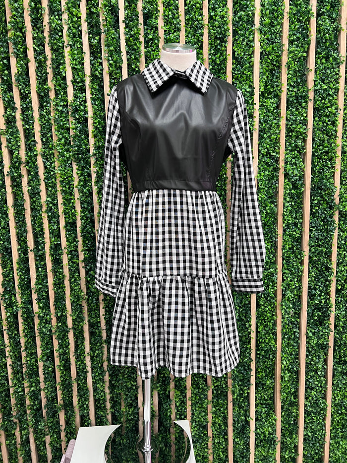 Pleather Vest Gingham Collar Dress