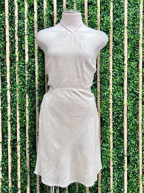 Natural Linen Halter Cutout Short Dress
