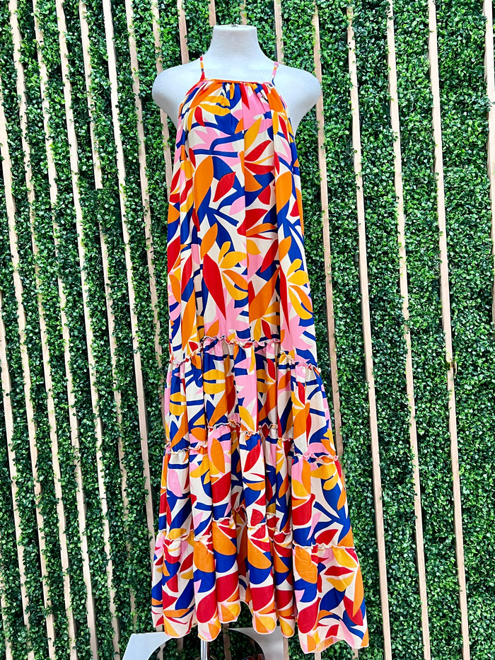 Orange Blue Print Tiered Maxi Dress