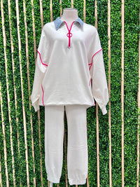 Denim Neck Pink Trim Sweater