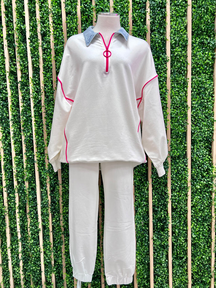 Denim Neck Pink Trim Sweater