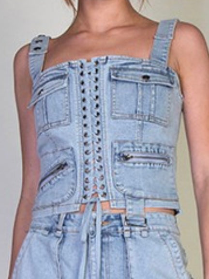 Light Wash Denim Cargo Bustier