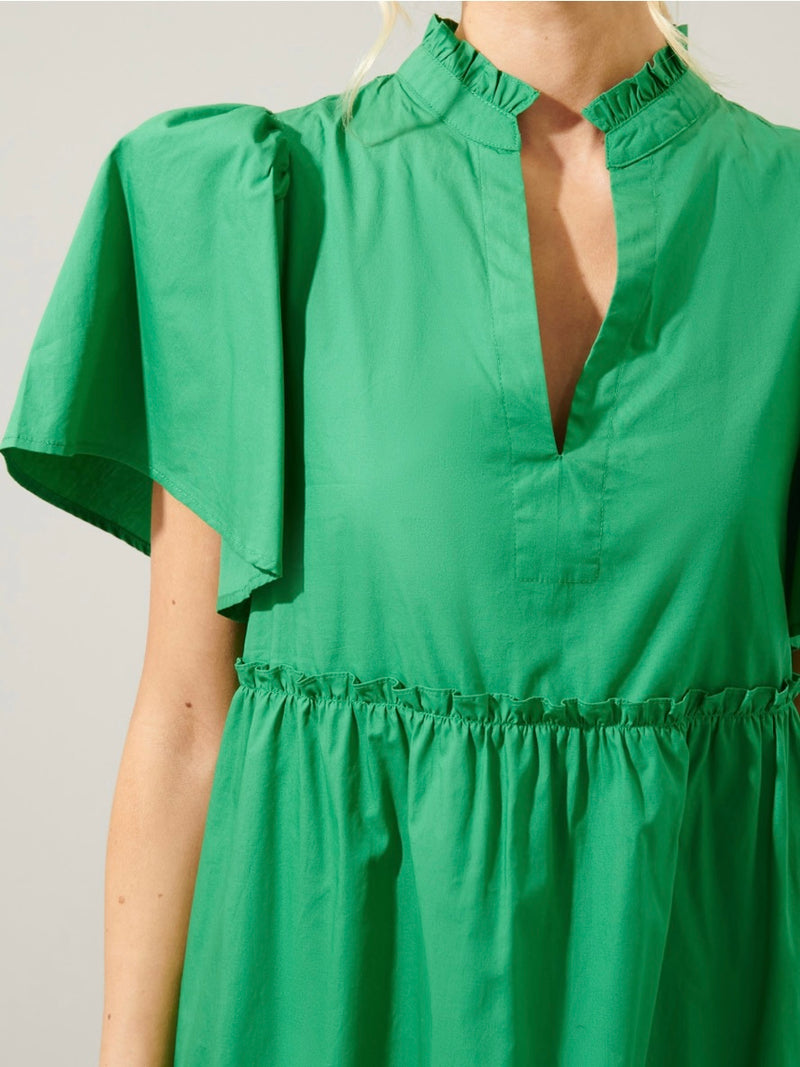 Kelly Green Angel Sleeve Tiered Midi Dress