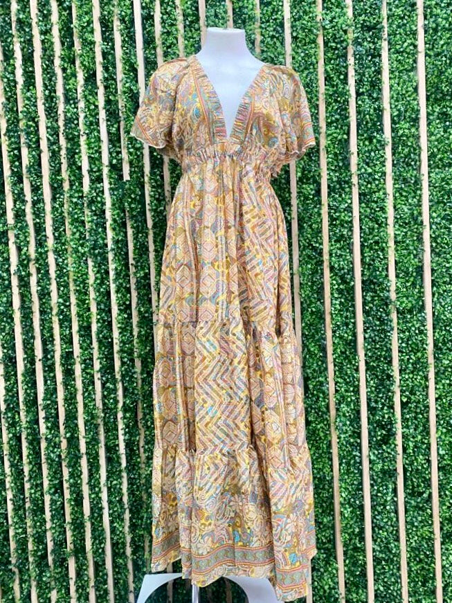 Beautiful Paisley V Neck Ruffled Maxi Dress