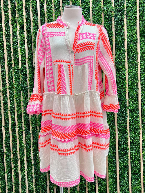 Aztec Embroidered Tiered Short Dress