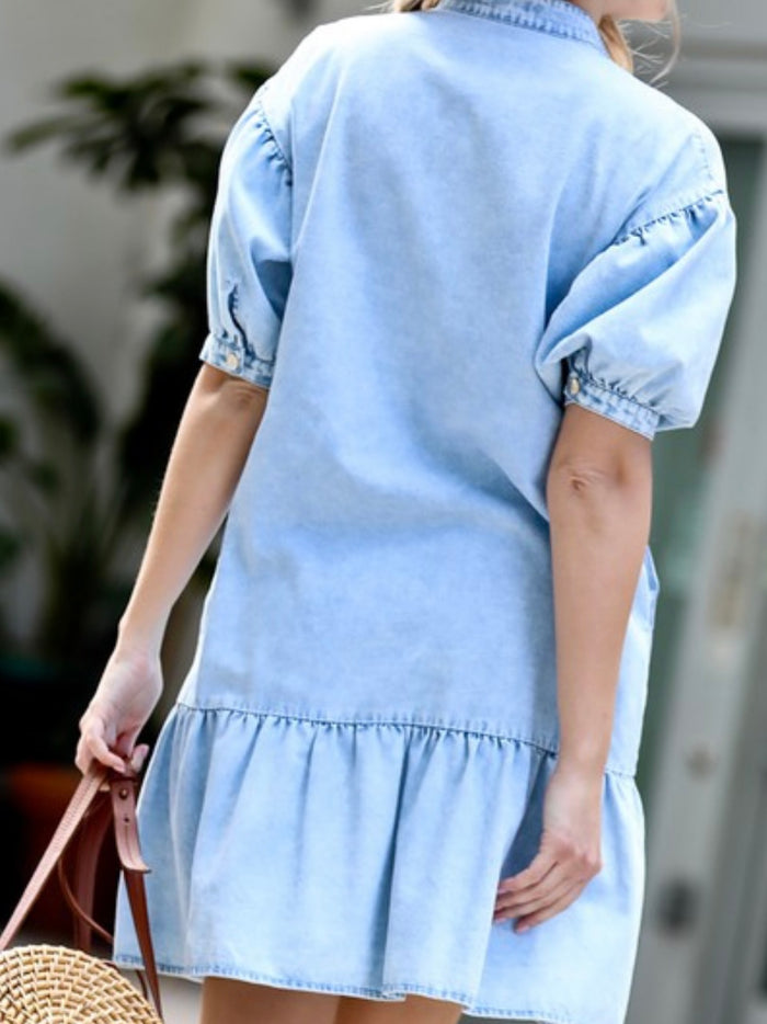 Ruffle Button Down Puff Sleeve Denim Dress