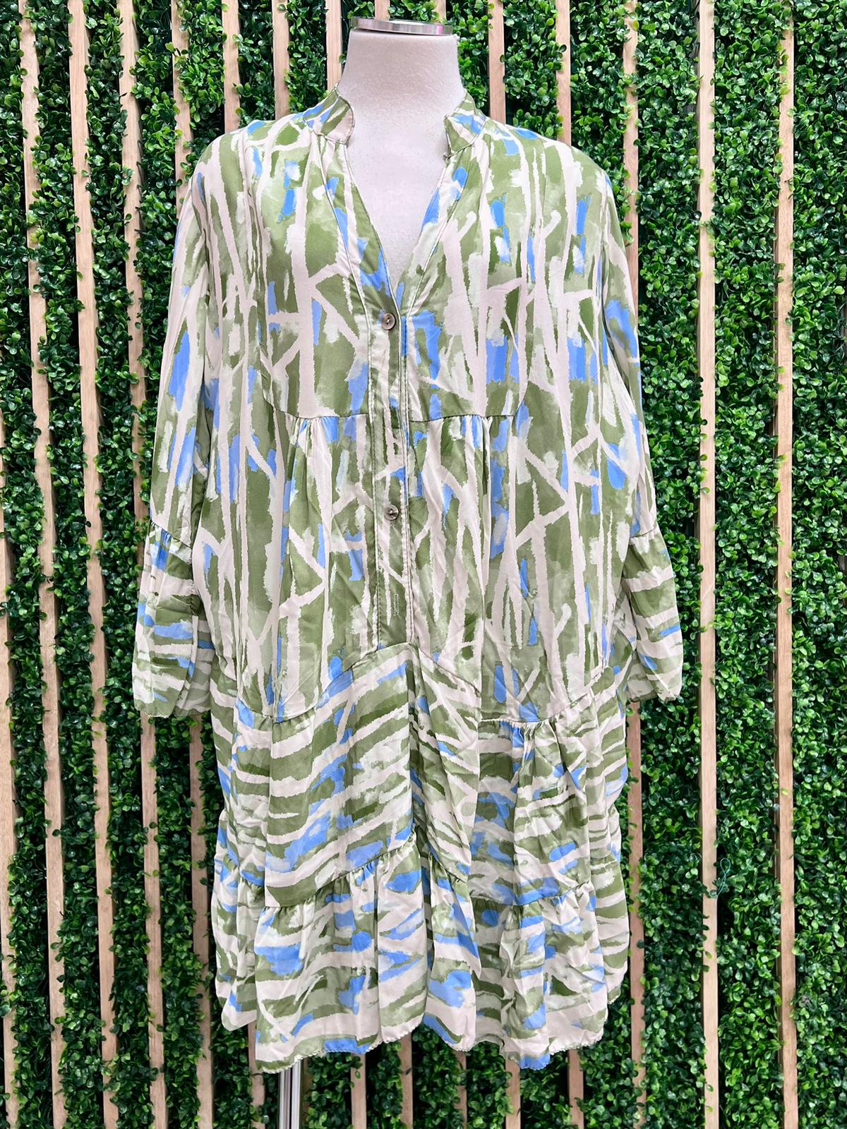 Green Blue Print Tiered Short Dress