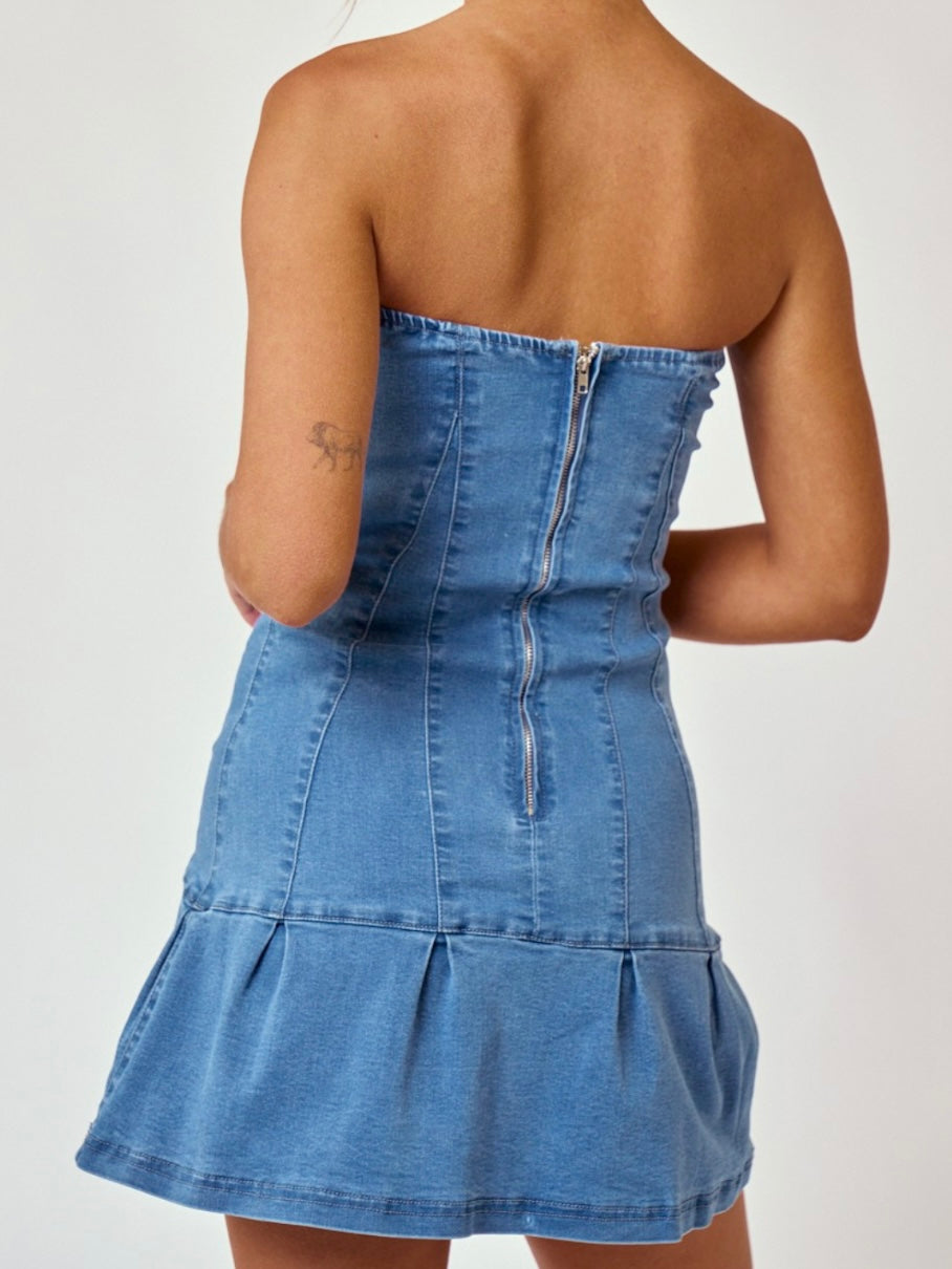 Strapless Ruffled Denim Short Dress