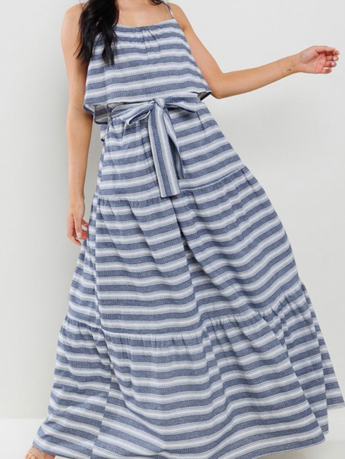 Navy Striped Tiered Maxi