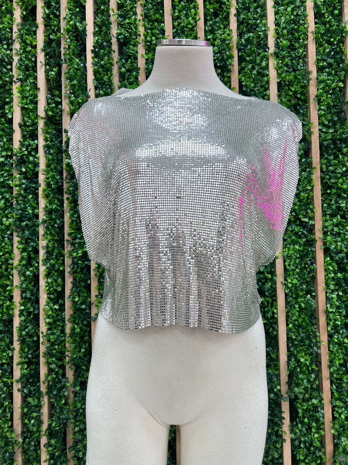 Metallic Muscle Sleeve Cropped Top