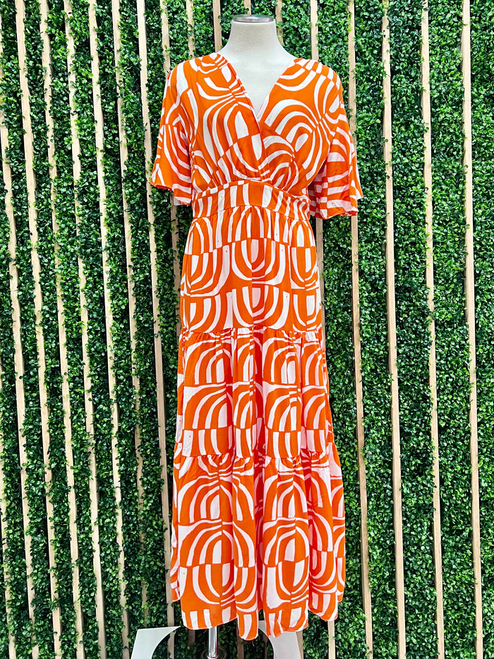 Orange Swirl V Neck Midi Dress