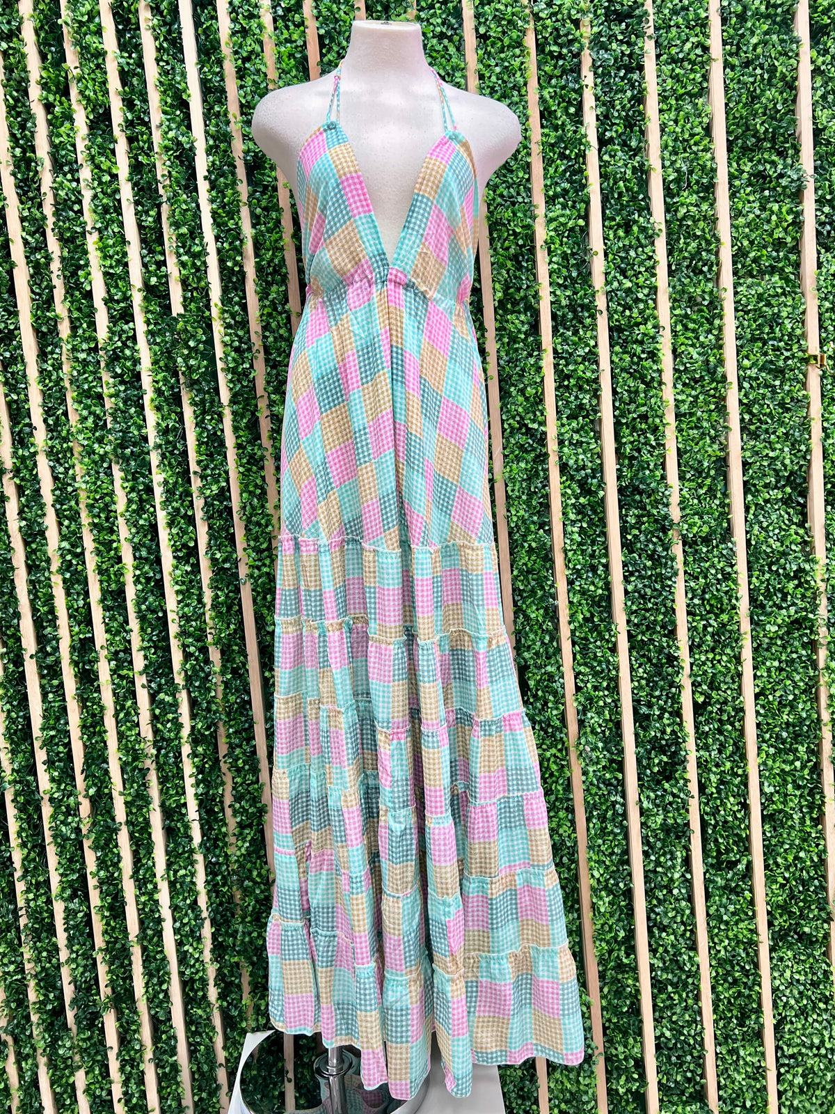 Multi Gingham Patchwork Halter Maxi