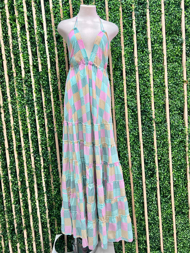 Multi Gingham Patchwork Halter Maxi