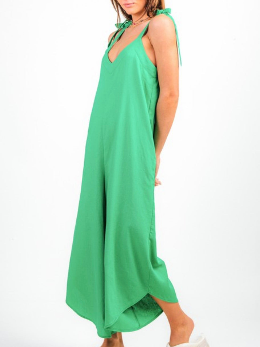 Green Linen Wide Leg Midi Jumpsuit
