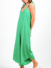 Green Linen Wide Leg Midi Jumpsuit