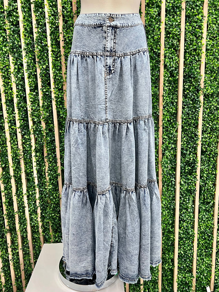 Acid Wash Tiered Denim Maxi Skirt