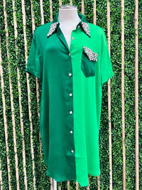 Green Rhinestone Embellished Blouse Dress