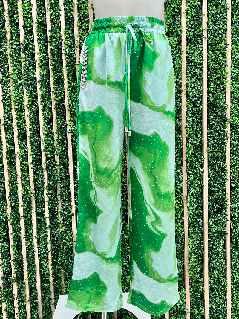 Green Rhinestone Embellished Trouser