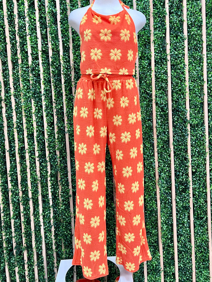 Tangerine Floral Halter Terry Pant Set