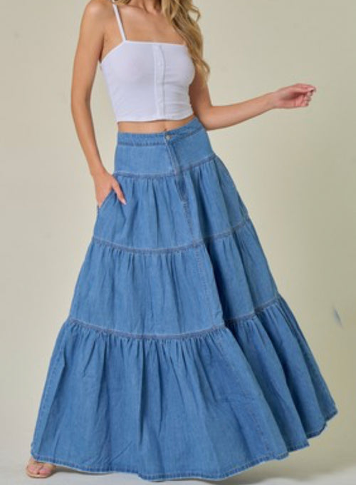 Classy Tiered Denim Maxi Skirt