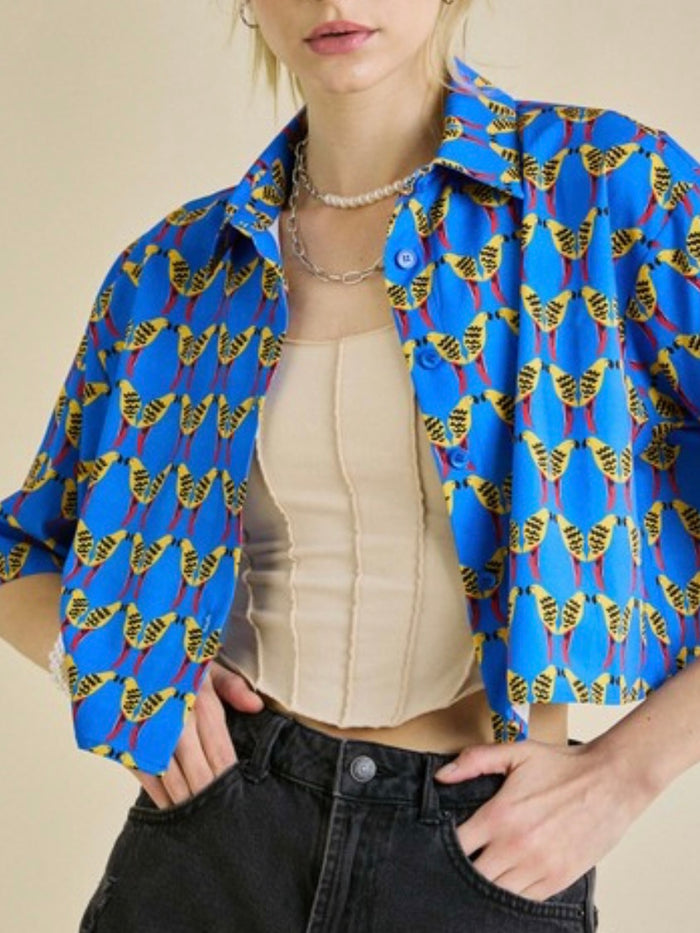 Blue Bird Print Crop Top
