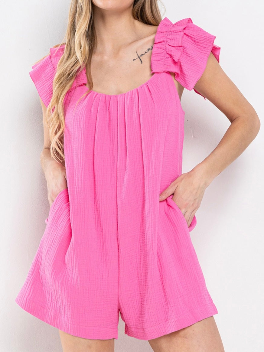 Gauze Solid Ruffle Romper