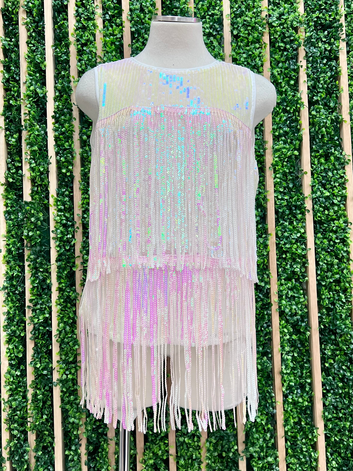 Pink White Sequin Fringe Top