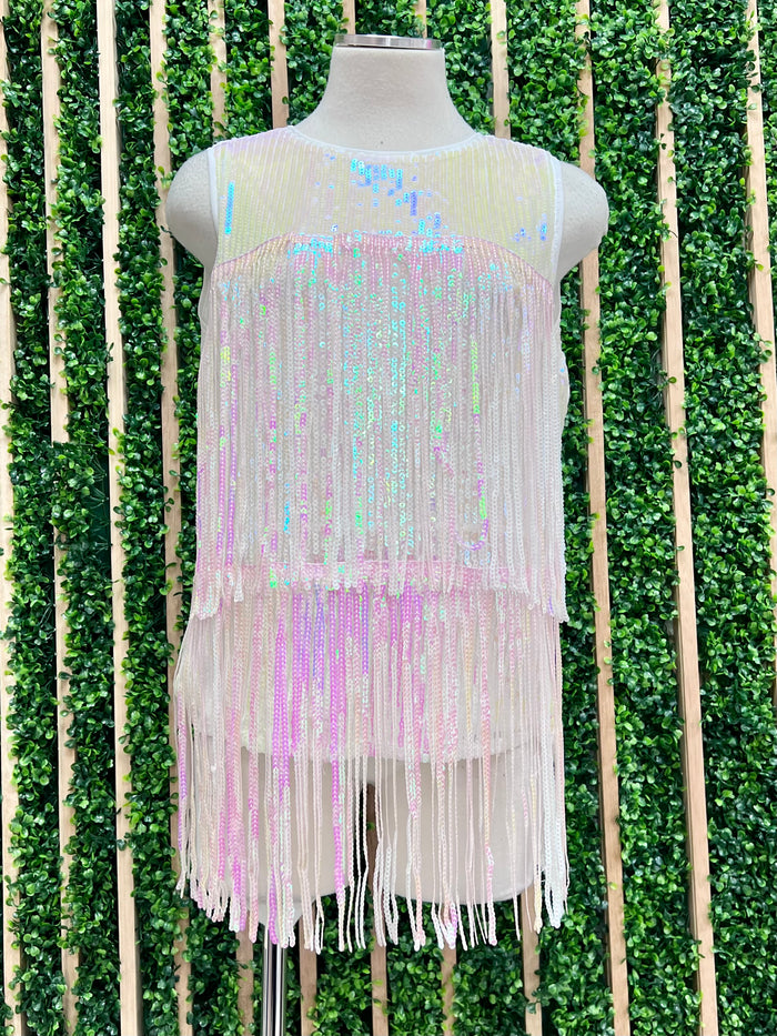 Pink White Sequin Fringe Top