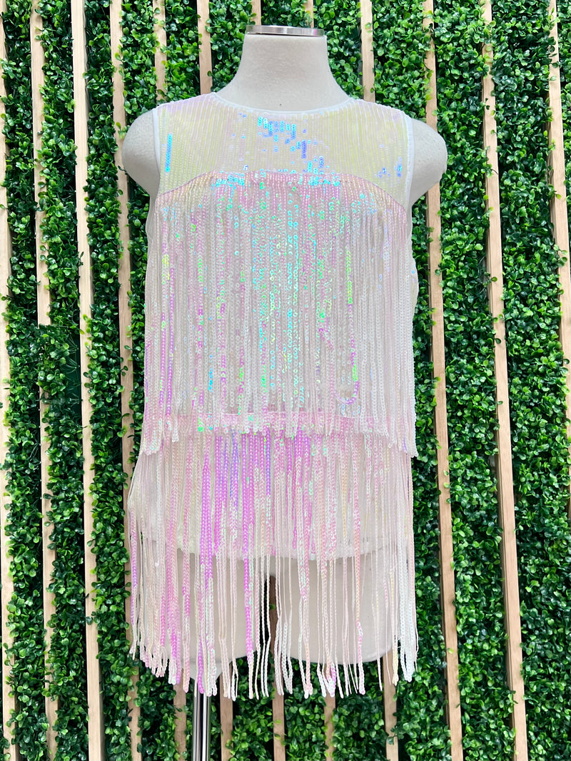 Pink White Sequin Fringe Top