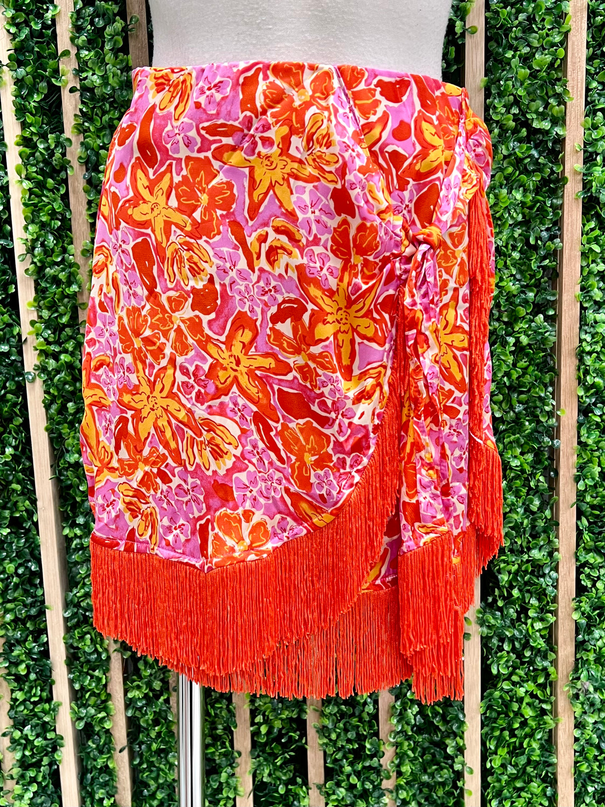 Multi Print Wrap Fringe Skirt