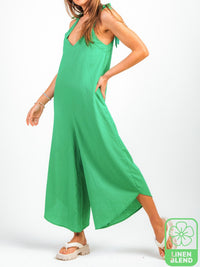 Green Linen Wide Leg Midi Jumpsuit