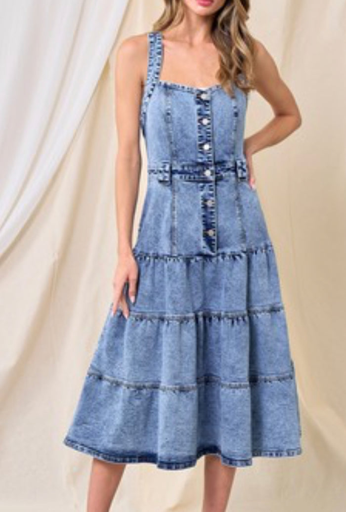 Exquisite Tiered Denim Midi Dress