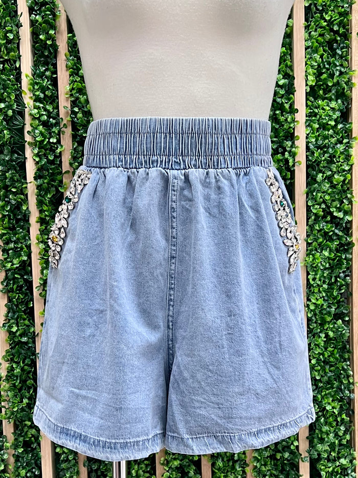 Rhinestone Embellished Denim Short