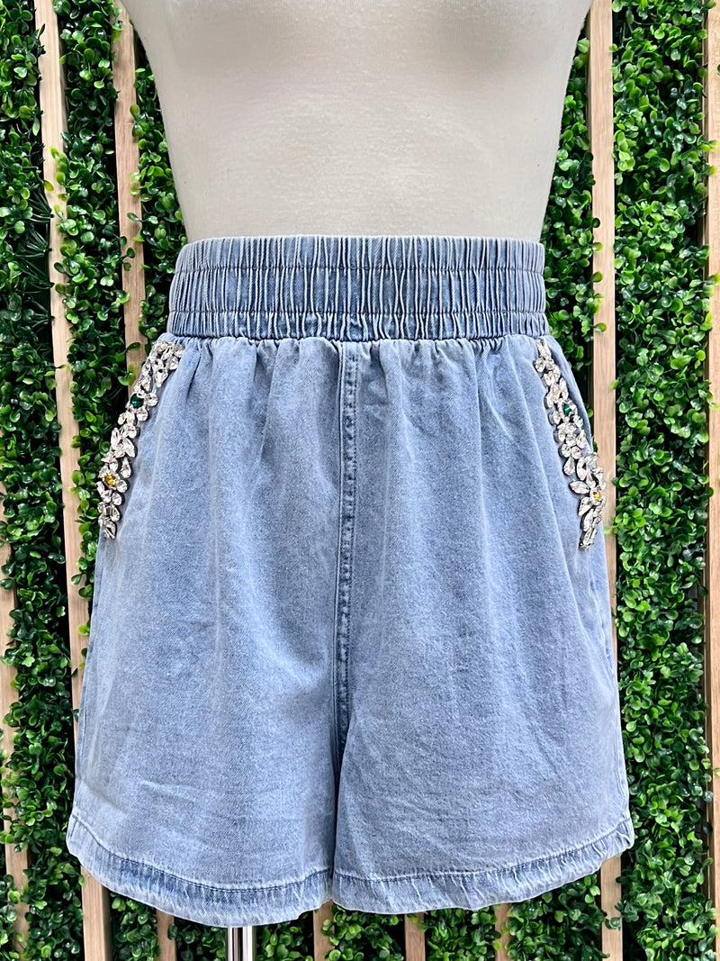 Rhinestone Embellished Denim Short