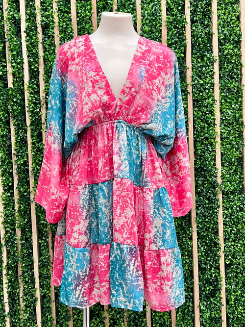 Turquoise Pink Kimono Short Dress