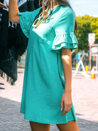 Green Ruffled french Terry T Shirt Dress