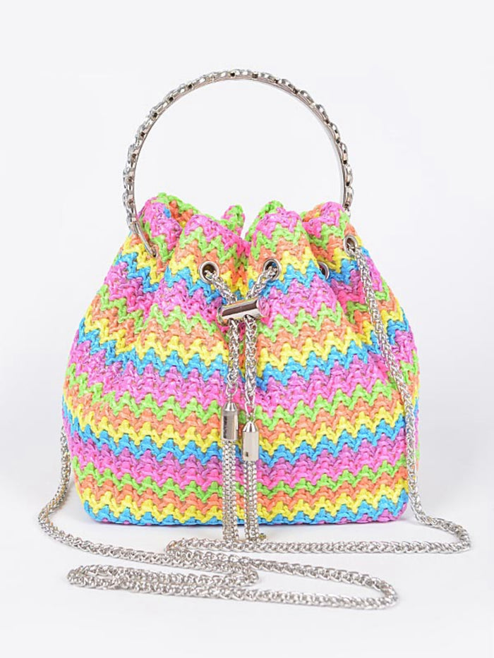 Beautiful Stone Handle Straw Bucket Bag