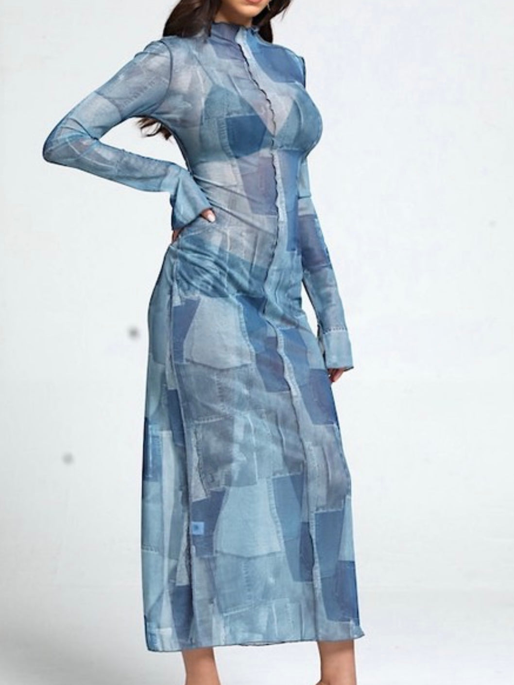 Denim Block Print Mesh Maxi Dress