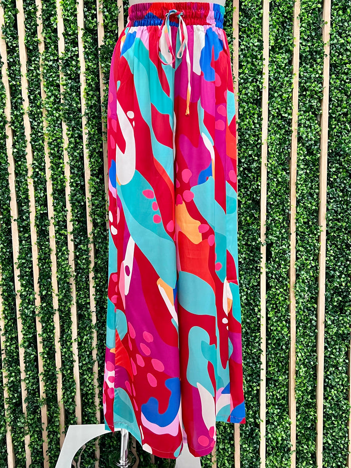 Red Multi Print Wide Leg Pant