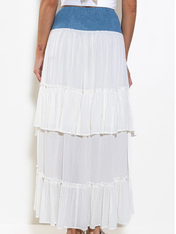Denim Contrast Gauze Maxi Skirt
